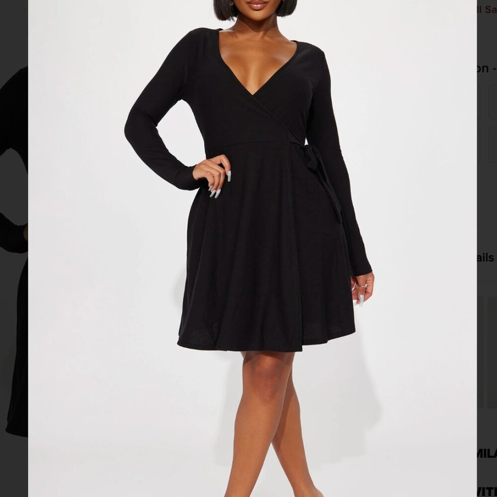 NWT Black Long Sleeve Fit and Flare Wrap Dress Women's Medium